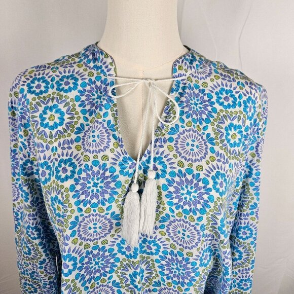 Fresh Produce XL Tunic Top Mosaic Shells Corine Blue Green Cotton Tie Neck - Picture 3 of 12